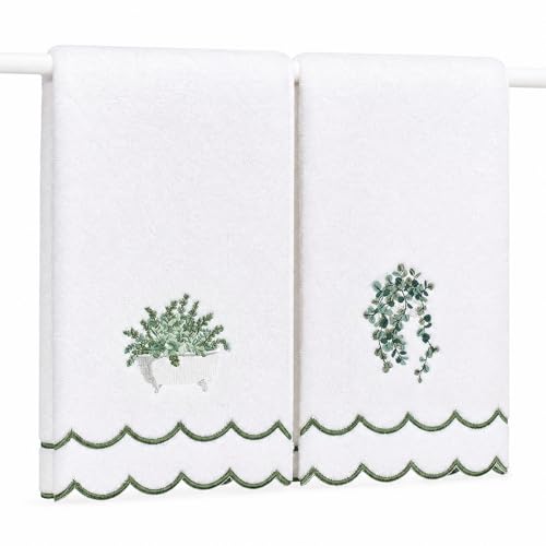 2 Pcs Scalloped Eucalyptus Hand Towels Embroidered Hand Towels for Bathroom 100% Cotton Fingertip Decorative Towel Cute Absorbent Towel Farmhouse Decor for Home Hotel, 15.75 x 27.56 Inch
