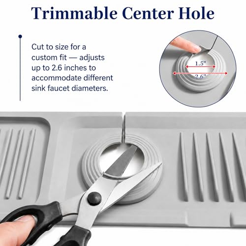 Faucet Mat for Kitchen Sink, Silicone Splash Guard, 17.7x5.5 in, Light Gray | 5° Fast-Draining Slope, Trimmable 1.5–2.6 in Center Hole