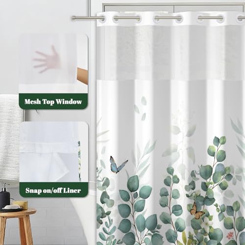 No Hook Eucalyptus Shower Curtain with Snap in Liner, 71x74 Inch | Double Layer Waterproof Bath Curtain with Mesh Top, Soft Green Botanical Leaf & Butterfly Print for Modern Farmhouse Bathroom - color: Eucalyptus