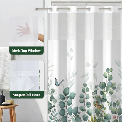 No Hook Eucalyptus Shower Curtain with Snap in Liner, 71x74 Inch | Double Layer Waterproof Bath Curtain with Mesh Top, Soft Green Botanical Leaf & Butterfly Print for Modern Farmhouse Bathroom - color: Eucalyptus