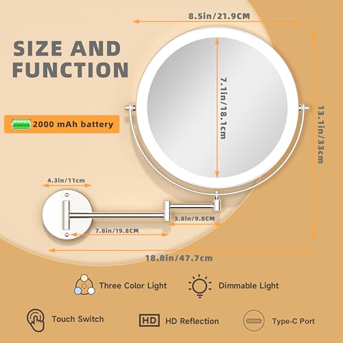 Wall Mounted Lighted Makeup Mirror with Extended Arm for Bathroom | Round 8.5 Inch Double Side 1X/10X Magnifying, 360° Swivel, 19.7 Inch Extended Arm, 3 Color Lights Dimmable, Rechargeable - color: Chrome