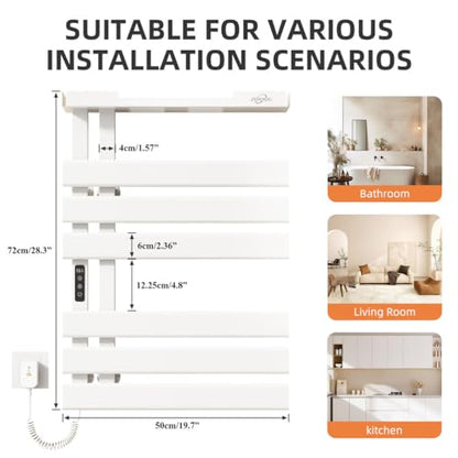 Smart Heated Towel Racks for Bathroom,Electric Towel Warmer Rack App & Voice Control,WiFi Heated Towel Bar Wall Mounted,Towel Warming Rack with Top Shelf and Led Timer,Flat Widen 6 Bar,White - color: White