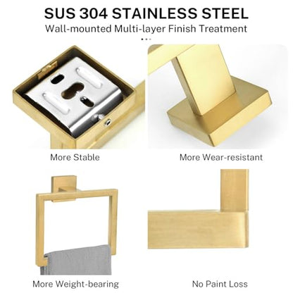 2-Piece Brushed Gold Towel Ring,Square Hand Towel Holder,Stainless Steel Modern Towel Holder Wall-Mounted Bathroom Towel Ring Towel Rack - color: Brushed Gold, size: 2 Pcs