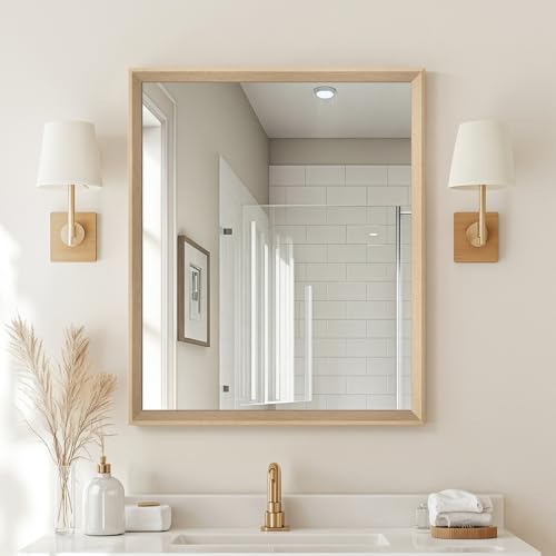 Oak Wood Effect Framed Wall Mirror, 30x36 Rectangle Mirror | Anti-desilvering Tempered Glass, Sustainable& Sturdy Frame, Farmhouse Mirror, Anti-Rust, 3min Setup for Bathroom Living Room - color: Oak Wood, size: 36"L x 30"W