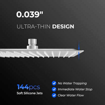 12 Inch Rain Shower Head, 12" Square Rainfall & High Pressure Stainless Steel Bath Shower Head, 1/16" Ultra Thin, Waterfall Full Body Coverage with Silicone Nozzle, Polished Chrome - color: Brushed Nickel, size: 12 Inch