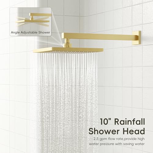 Gabrylly Shower System with Tub Spout, Wall Mounted Shower Faucet Set for Bathroom with High Pressure 10" Rain Shower head and 3-Setting Handheld Shower Head Set,Brushed Gold - color: brushed gold 01