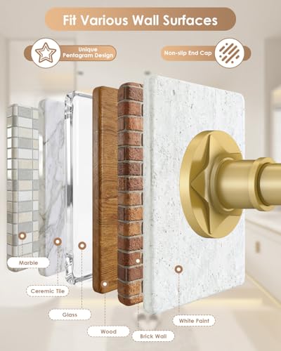 Gold Extra Long Tension Shower Curtain Rod No Drilling Adjustable 30-108 In(9ft) 1.1" Diameter Stainless Steel, Rustproof Heavy Duty, Room Divider for Bathroom Window Patio Closet - color: Gold, size: 30-108''