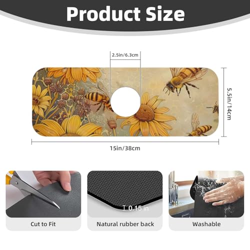 Rural Honey Bees flowers Printed Diatomite Kitchen Faucet Mat, Water Absorbent Sink Splash Guard, Quick Drying Faucet Pad , Non-Slip Sink Accessories for Kitchen Bathroom Counter (15" X 5.5" )