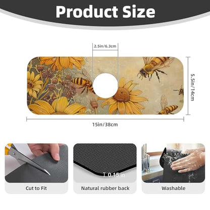 Rural Honey Bees flowers Printed Diatomite Kitchen Faucet Mat, Water Absorbent Sink Splash Guard, Quick Drying Faucet Pad , Non-Slip Sink Accessories for Kitchen Bathroom Counter (15" X 5.5" )