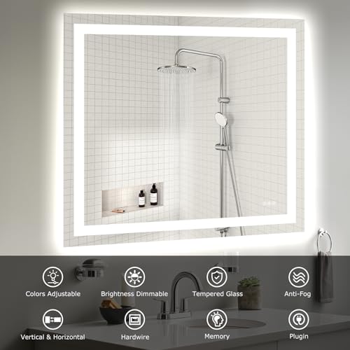 Hivone 40"X36" LED Bathroom Mirror with Lights, Anti-Fog, Dimmable, Backlit + Front Lit, Smart Bathroom Vanity Mirror, Memory Function, Shatterproof, Tempered Glass (Horizontal/Vertical) - size: 40"L x 36"W