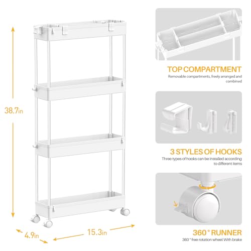 Slim Storage Cart 4 Tier,Bathroom Organizer Rolling Utility, Mobile Shelving Unit Slide Out for Office, Kitchen, Laundry Room & Narrow Places,White - color: White