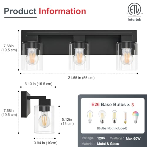 21.6 Inch Bathroom Light Fixtures, with Clear Glass Shade | 3-Light Matte Black Bathroom Lighting Fixtures Over Mirror, Modern Wall Light, bathroom vanity light E26 Socket, ETL - color: Black, size: 3-Light