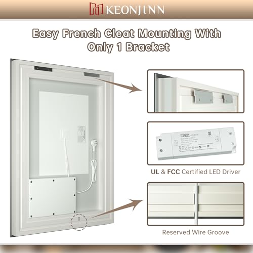 Keonjinn 40” x 36” LED Bathroom Mirror with Lights, Frontlit and Backlit | HD Tempered Glass, Separately Frontlit/Backlit, Double Light Strips, Stepless 3 Colors Temperature & Dimmable, Fast Anti fog - size: 36"L x 40"W