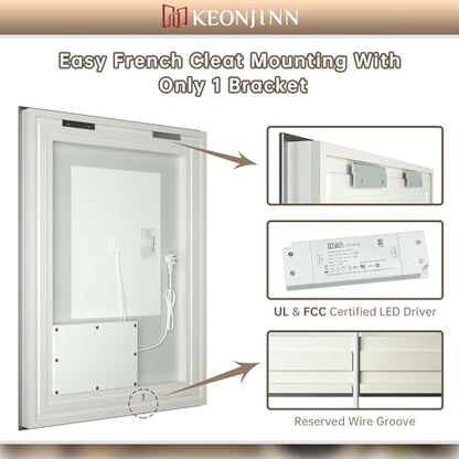Keonjinn 40” x 36” LED Bathroom Mirror with Lights, Frontlit and Backlit | HD Tempered Glass, Separately Frontlit/Backlit, Double Light Strips, Stepless 3 Colors Temperature & Dimmable, Fast Anti fog - size: 36"L x 40"W