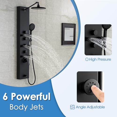 ROVOGO Shower Panel Tower System, Simultaneous 4 Shower Modes, Matte Black | Rain Shower Head+Handheld+Body Jets+Tub Spout, Height Adjustable Shower Arm, Stainless Shower Column W/ Brass Valve, 43.3" - color: All Black-Adjustable Rain Head