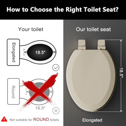 Angol Shiold Quiet-Close Molded Wood Toilet Seat with Non-Slip Adjustable Hinges, Anti-Pinch Bumpers, Easy Install & Clean（Bone, Elongated 18.5''） - color: Bone, size: Elongated 18.5‘’