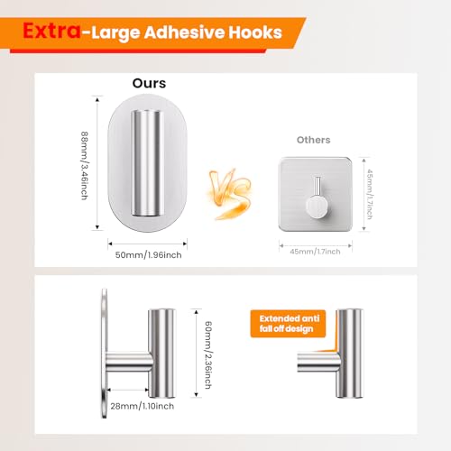 Aikzik Silver Adhesive Hooks Heavy Duty-Max 26lb, Wall Hooks for Shower, Bathroom, Towel, Coat, Robe, Stainless Steel Hooks for Hanging, Sticky Hooks for Walls No Damage- 4 Pack - color: Silver