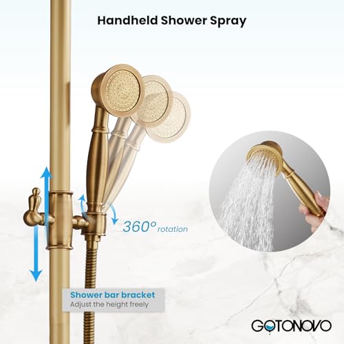 gotonovo Exposed Shower Faucet Set with Tub Spout Antique Brass | Brass Bathroom Shower System,8 Inch Rainfall Head with Handheld Spray and Tub Filler,Adjustable Height,6’’ Hole Distance - color: Antique Gold