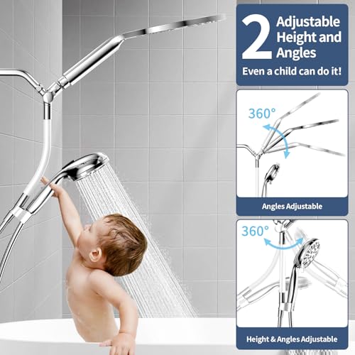 High Pressure Dual Shower Head with Handheld Spray Combo | 9 Spray Modes Handheld Showerhead, Double Rainfall Structure, Waterfall Shower Equipped with 79-Inch Hose, Chrome Finish - color: Chrome