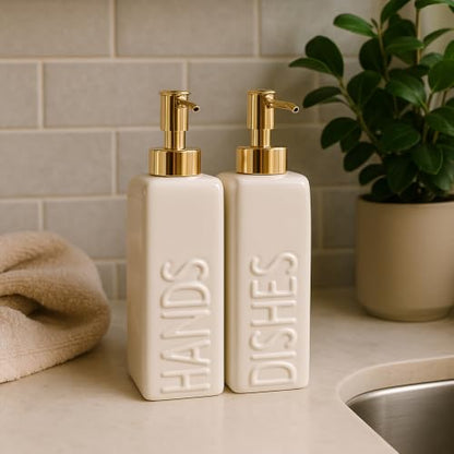 Ceramic Dish and Hand Soap Dispenser Set, 2 Pack with Stainless Steel Pump | Refillable bottles with an included funnel for easy refills and daily use, adding a stylish touch to kitchens and bathrooms. - color: Matte White, Gold Pump