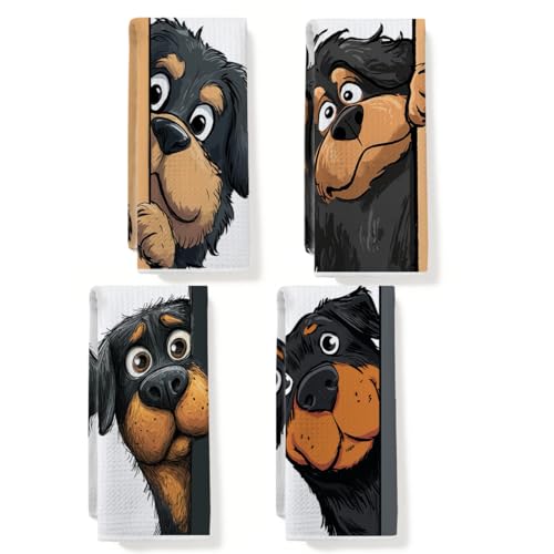 JIUWEIHU 4 Pcs Funny Dog Kitchen Towels, Cute Rottweiler Gifts Hand Towels | 14 x 24 Inches, Tea Towel for Kitchen Bathroom Decor, Dogs Waffle Absorbent Dish Towel, Dog Lover Gifts for Women Men Friend - color: Multi0231