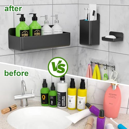 Adhesive Shower Caddy Shower Shelves Bathroom Organizer and Storage | 6 Pack，Rustproof，No Drilling，with Soap Holder，Clear，Acrylic， Large Capacity，Removable and Reusable，Plastics，Wall-Mounted - color: black