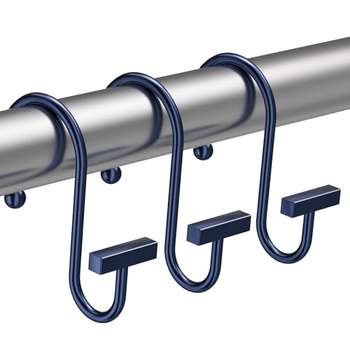 Navy Blue Shower Curtain Hooks, Bathway Shower Curtain Rings Rust Proof, 12PCS Shower Hooks for Shower Curtain, T-Bar Design Convenient Elegant Shower Curtain Hangers for Bathroom Kitchen Wardrobe - color: Navy Blue