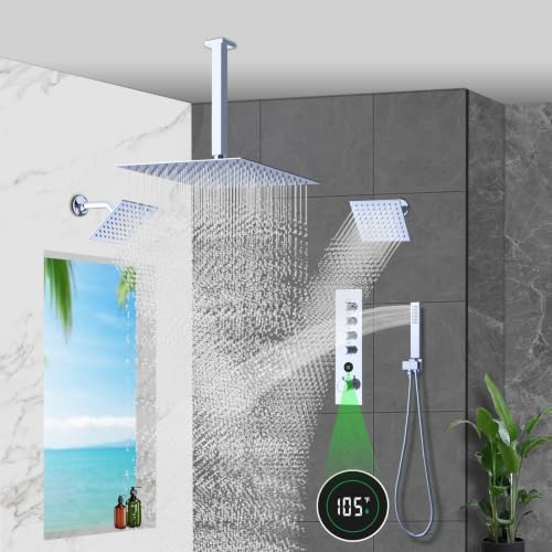 Thermostatic Digital Triple Heads Rain Shower System Can Run Together | 4-Function Full Body Shower Faucets Set with 12" + Two 6" Tilted Showerhead and Brass Handheld, Chrome - color: Chrome, style: 12” + 6" + 6"
