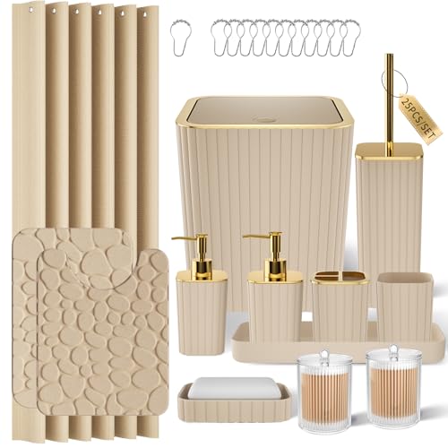 XLHOMO Bathroom Accessories Set - 25PC Bathroom Sets with Shower Curtain and Rugs, Beige Bathroom Accessories with Trash Can, Soap Dispenser, Soap Dish & Toilet Brush - size: Bath Set+Shower Curtain+Rugs, style: Beige&Gold