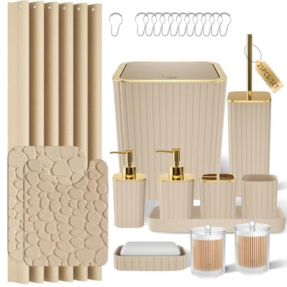 XLHOMO Bathroom Accessories Set - 25PC Bathroom Sets with Shower Curtain and Rugs, Beige Bathroom Accessories with Trash Can, Soap Dispenser, Soap Dish & Toilet Brush - size: Bath Set+Shower Curtain+Rugs, style: Beige&Gold