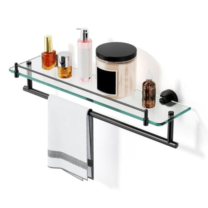 20-Inch Tempered Glass Bathroom Shelf with Towel Bar - Matte Black & Stainless Steel, Wall Mount Rustproof Tower Rail with Shelves - color: Matte Black, size: 20-inch with Railing