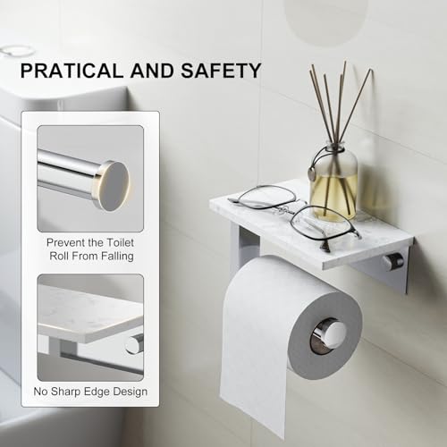 Chrome Toilet Paper Holder with Marble Shelf Tissue Roll Holder | 304 Stainless Steel Wall Mounted Toilet Paper Roll Holder Screw-Mounted Tissue Holder for Bathroom Washroom by BATHLAVISH - color: Chrome