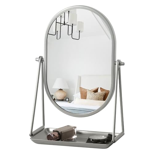 Small Vanity Makeup Mirror for Desk with Metal Stand Tabletop Makeup Oval Mirrors 360 Degree Swivel Portable Cosmetic Mirror for Travel Bedroom, Office, Dresser, Countertop - color: Oval-silver