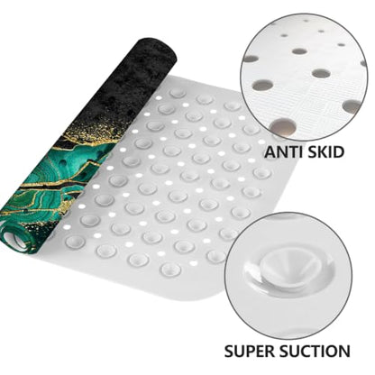 LNOND Marble Bath Tub Mat Non Slip, Extra Long 40 X 16 Inch Anti Slip Mat for Bathtub, Green Gold Marble Shower Mat with Drain Holes and Suction Cups, Machine Washable - color: Black White Gold