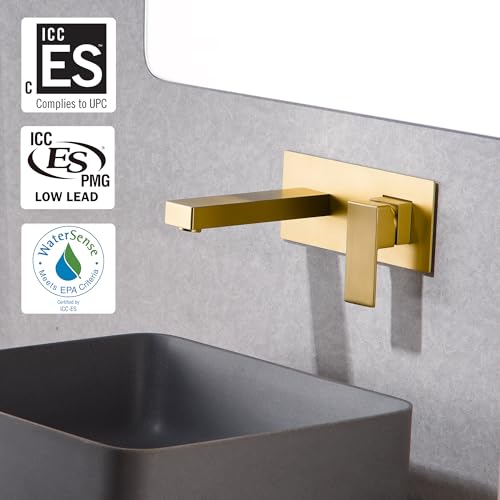 SUMERAIN Brushed Gold Wall Mount Bathroom Faucet Single Handle Vessel Sink Faucet Includes Brass Rough-in Valve - color: Brushed Gold, size: Right-Handed