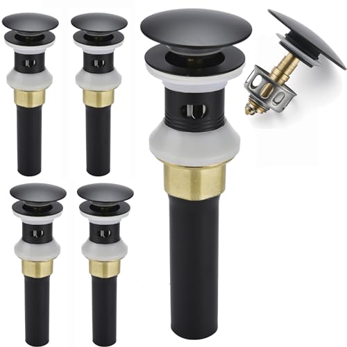 Rockgoya Bathroom Sink Drain,5 Pack Drain Stopper Bathroom Sink with Overflow,Pop Up Drain Assembly with Detachable Strainer Basket,Built-in Anti-Clogging Strainer,Stainless Steel Mattle Black - color: Mattle Black-5 Pack, style: With Overflow