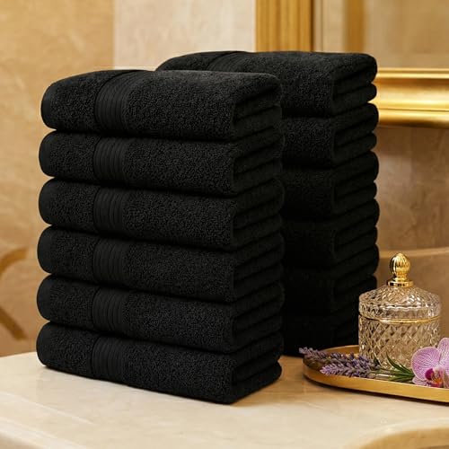 100% Cotton Hand Towels 18x28 Inches, 600 GSM, Soft & Absorbent, Set of 12, Black - color: Black, size: Hand Towel Set of 12