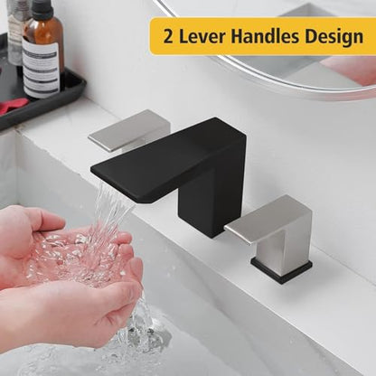 BESy Bathroom Faucet 3 Holes Two Handles Vanity Widespread 8 Inch Bathroom Sink Faucet, Waterfall Bathroom Sink Faucet with cUPC Supply Hoses, Pop Up Drain, Stainless Steel, Matte Black with Nickel - color: Matte Black with Nickel, size: 8 Inch Widespread