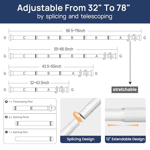 ENJOYBASICS 2 Pack Tension Curtain Rod, 32-78" Adjustable, Stable, White | Secure Hold with Strong Spring & Non-Slip Ends, No-Drill, No Tools, Sag-Resistant, Waterproof, Fits Windows, Showers & Closet - color: White, size: 32-78"