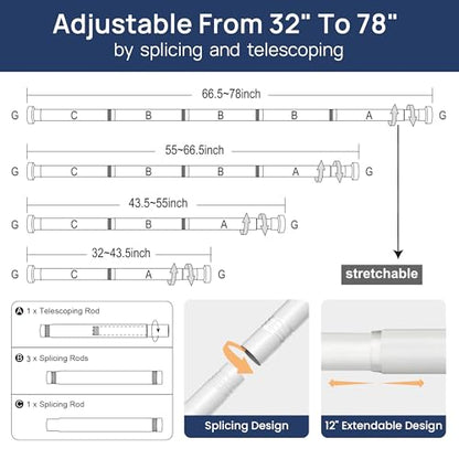 ENJOYBASICS 2 Pack Tension Curtain Rod, 32-78" Adjustable, Stable, White | Secure Hold with Strong Spring & Non-Slip Ends, No-Drill, No Tools, Sag-Resistant, Waterproof, Fits Windows, Showers & Closet - color: White, size: 32-78"