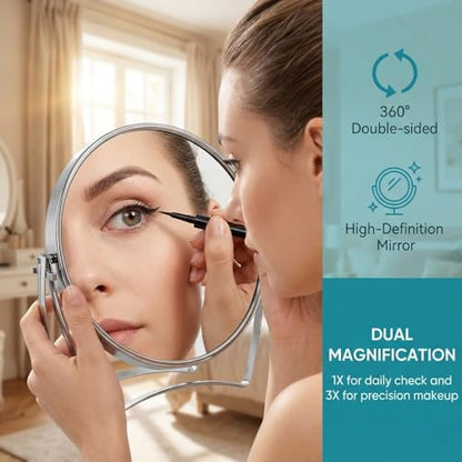 2 Pack Two-Sided Makeup Mirror with Handle, 1X and 3X Magnifying Mirror, 360° Swivel Vanity Table Mirror, Portable Bathroom Shaving Mirror for Desk, Travel, Women, 6" Round