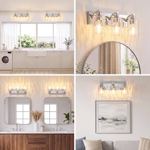 3-Light Bathroom Light Fixtures Modern Chrome Vanity Lights | Easy to Install Clear Hammered Glass Shades, Rippled Glow, Wall Mount Up or Down, E26 Socket, Hardwired, 120V - color: Chrome Hammer, size: 3 Lights