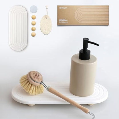 Instant Dry Sink Caddy Organizer – Water Absorbing Stone Tray for Kitchen Bathroom Countertop, Fast Drying Sink Caddy (with Wooden Feet and Natural Loofah, White) - color: White