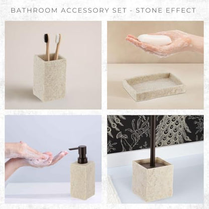 Collection Stone Effect Bath Accessory Set-4 Pieces, Resin, Tumbler,Natural | Soap Dispenser, and Toilet Brush Holder, Contemporary, Durable Construction, Bathroom Accessories Set, Housewarming Gift Set - size: Natural