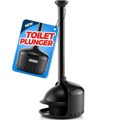 FORASTO Toilet Plunger with Holder - Heavy Duty Bathroom Cleaning Tools | Plungers for Bathroom, Toilet Bowl Cleaners, Apartment Must Haves, Bathroom Decor Accessories, Home Essentials, Black - color: Black, size: 1Pack