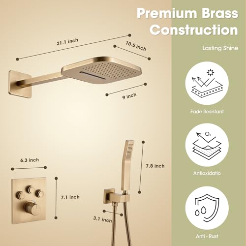 TRUSTMI 10" Shower System with Thermostatic Valve, Rainfall, Brushed Gold | Solid brass system with push-button diverter for waterfall and handheld spray. Anti-scald safety lock protects the family - color: Brushed Gold