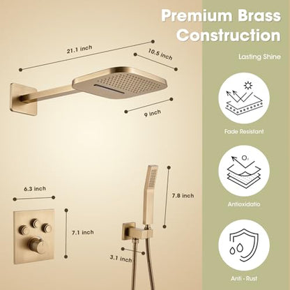 TRUSTMI 10" Shower System with Thermostatic Valve, Rainfall, Brushed Gold | Solid brass system with push-button diverter for waterfall and handheld spray. Anti-scald safety lock protects the family - color: Brushed Gold