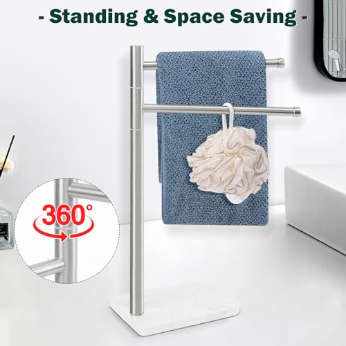 Hand Towel Holder, F-Shape Hand Towel Stand with Marble Base, Stainless Steel Swivel Hand Towel Rack Standing Towel Bar for Bathroom Kitchen Countertop, 2 Arms (Brushed Nickel) - color: Brushed Nickel