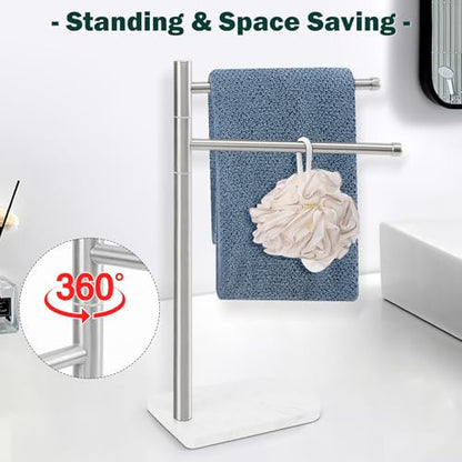 Hand Towel Holder, F-Shape Hand Towel Stand with Marble Base, Stainless Steel Swivel Hand Towel Rack Standing Towel Bar for Bathroom Kitchen Countertop, 2 Arms (Brushed Nickel) - color: Brushed Nickel