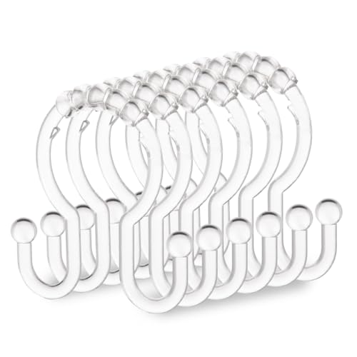 Resze Plastic Shower Curtain Hooks, 12 Pcs Clear Shower Curtain Rings Set | Glide Roller Shower Hooks, Rust Proof Anti-Drop Shower Rings, Smooth Sliding Double Hooks for Bathroom Shower Rods Curtains